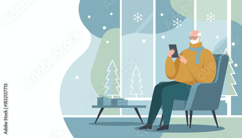 Senior man uses smartphone near a window on a snowy day Winter holiday digital communication
