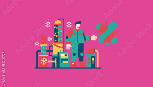Industrial worker next to festive factory machinery Production and winter holidays concept illustration