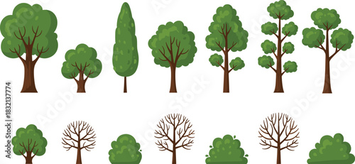 PrintDiverse Set of Cartoon Trees and Bushes Vector Icons, Various Green Summer and Brown Winter Deciduous Plants, Collection for Park, Forest, and Nature Landscape Design