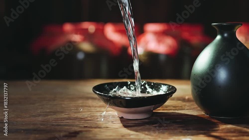 Traditional Ceramic Bowl and Pottery on Wooden Table with Warm Ambient Lighting