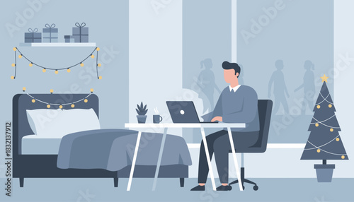 Digital nomad working from a festive home office during the Christmas holidays
