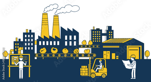 Industrial processing plant illustration workers manage production logistics and conveyor belt operations
