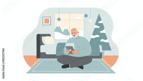 Senior man using a tablet indoors during winter showing technology adoption