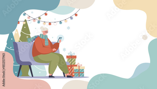 Happy senior woman using smartphone for online shopping or messaging in festive winter setting