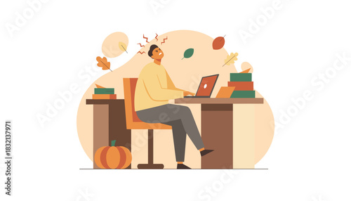 Autumn work burnout Angry man stressed by heavy deadlines and tasks at desk with pumpkin