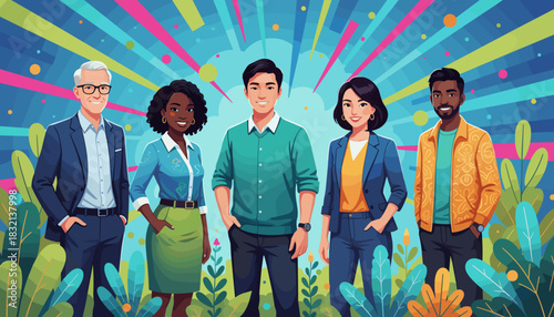 Vibrant illustration of a diverse professional business team smiling with energy and collaboration