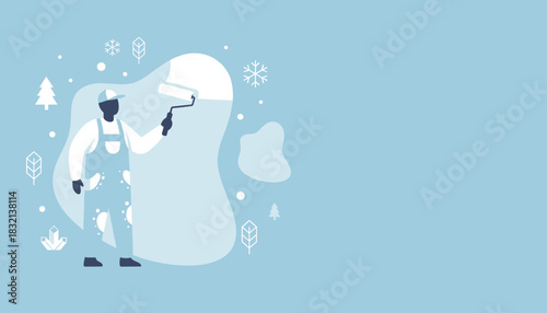 Worker painting wall with roller flat winter illustration for maintenance and repair services