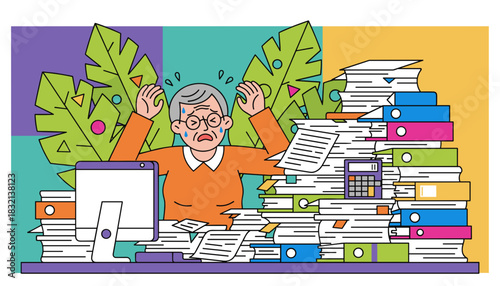 Stressed worker overwhelmed by excessive paperwork binders and huge office workload