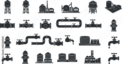 A collection of water and plumbing infrastructure icons in flat black vector style, ideal for engineering and utility design projects