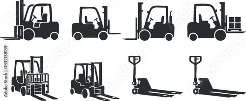A collection of various forklift and pallet jack icons in black and white vector style, suitable for logistics and industrial design projects