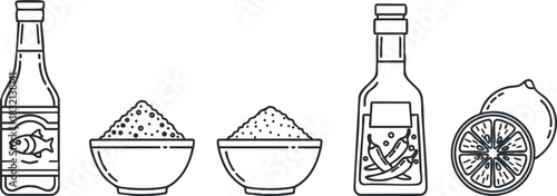 A collection of cooking ingredients including sauce bottles, bowls of rice, and a lemon in minimalist outline vector style, perfect for culinary presentations