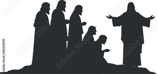 A silhouette illustration of Jesus with five disciples in minimalist black and white vector style, suitable for religious themes and spiritual projects