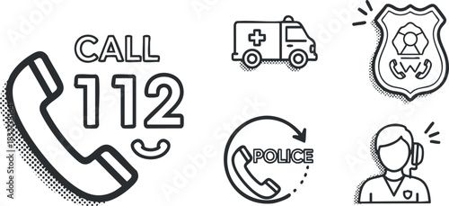 A collection of emergency service icons including a phone, ambulance, police, and call 112 in minimalist vector style, suitable for safety and emergency communications
