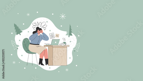 Stressed businesswoman suffering holiday work burnout and deadline pressure at her desk