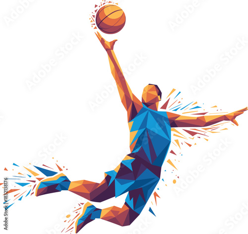 WebDynamic Low Poly Illustration of a Basketball Player Jumping to Shoot or Dunk, Symbolizing Action, Sport Competition, and Athletic Energy.