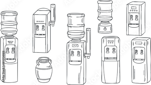 A collection of various water cooler and dispenser designs in black and white outline vector style, suitable for home and office applications
