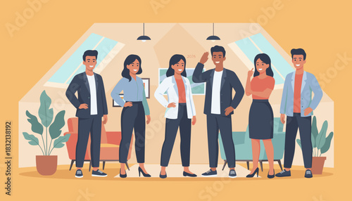 Diverse confident business team standing in a bright modern office symbolizing teamwork and corporate success