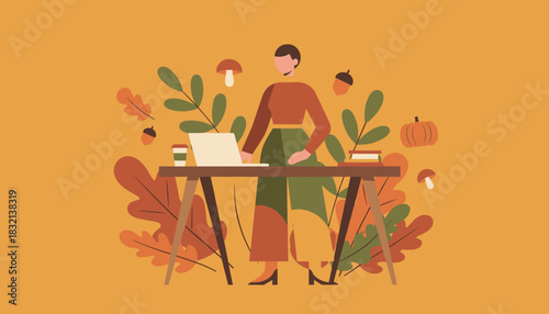 Professional woman working on laptop surrounded by fall leaves expressing autumn remote work