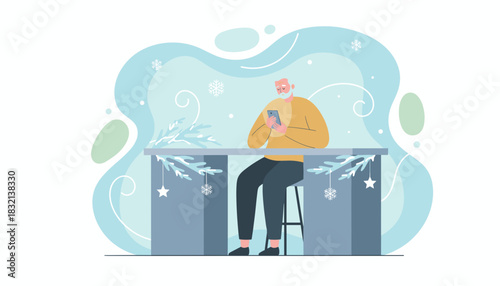 Elderly man using a smartphone in a cozy abstract winter setting with holiday decorations