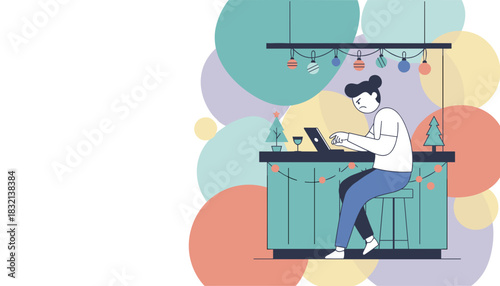 Stressed worker on laptop at holiday party counter Overwork and burnout illustration