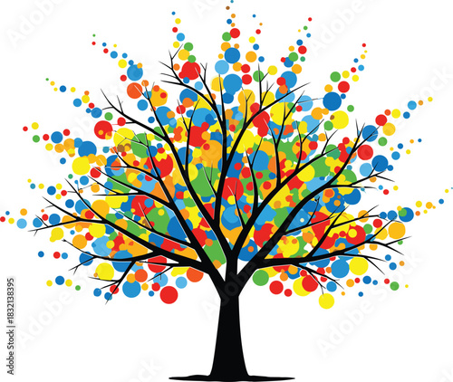 PrintExplosive Abstract Tree with Multi-Colored Dots and Bubbles: Dynamic Vector Graphic Representing Creativity, Community, Energy, Imagination, and Educational Outreach Concepts