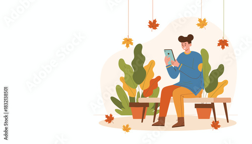 Happy man checking phone on park bench in flat autumn illustration