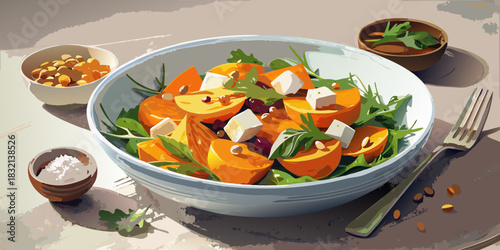 Delicious chicken vegetable meal with fresh salad and stew on a white plate