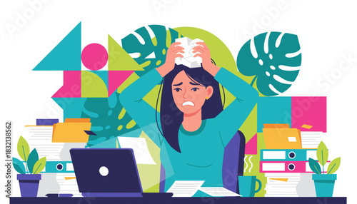 Overworked woman stressed by deadlines clutching crumpled paper amidst office clutter