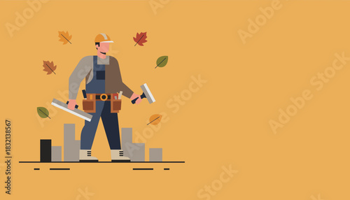 Construction worker holding tools ready for autumn home renovation and repair projects Flat vector