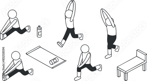 A collection of yoga and stretching exercises in minimalist black and white vector style, ideal for fitness and wellness projects
