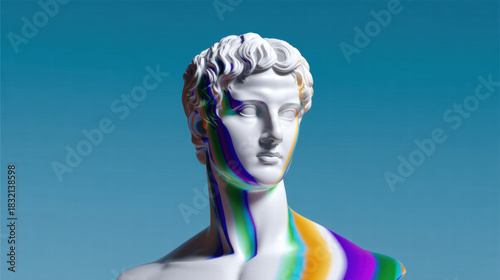 Classical statue in pop art style with colorful light effects on white marble bust against blue background