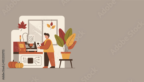 Engineer manufacturing circuit boards with a CNC machine in an autumn workshop setting