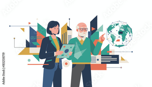 Business professionals discussing global strategy using digital technology and network visualization