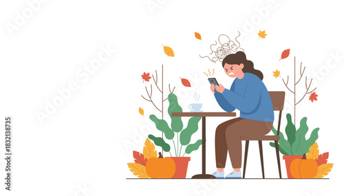 Angry woman stressed by smartphone in autumn cafe Concept of digital burnout cyberbullying or bad news