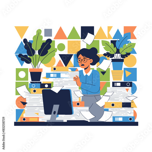 Overwhelmed employee buried under massive stacks of paperwork symbolizing burnout and stress