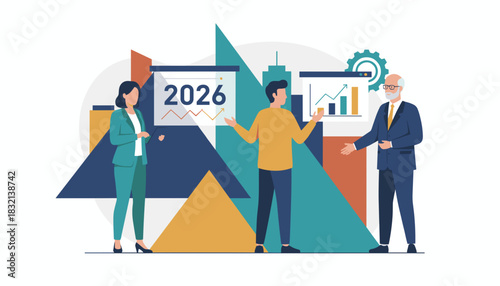 Professional business team planning 2026 strategy reviewing charts for financial success and growth