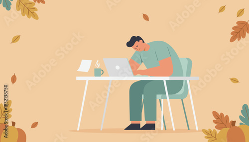 Autumn burnout Tired man working remotely on a laptop surrounded by fall leaves and pumpkins