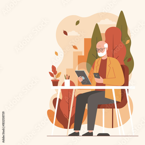 Elderly man uses tablet and smartphone at a desk Digital connectivity and learning for seniors