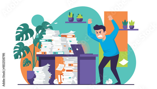 Overworked businessman stressed by endless piles of office documents and tasks