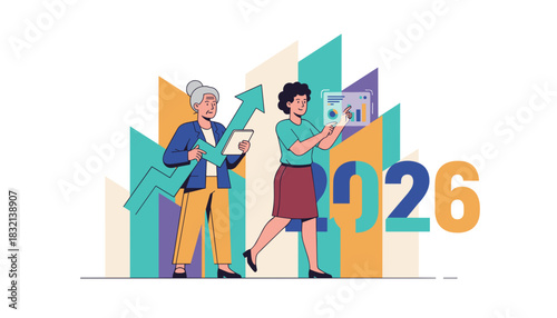 Business team forecasting growth for 2026 analyzing data and aiming for financial success