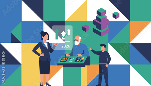 Business team analyzes growth data for 2026 strategy using control panel and holographic display