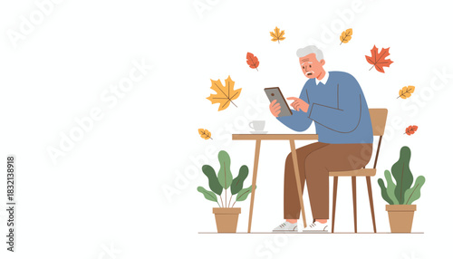 Senior man using a digital tablet at an outdoor table with falling autumn leaves