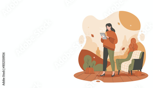 Woman in sweater using tablet in cozy autumn home environment Seasonal remote work concept