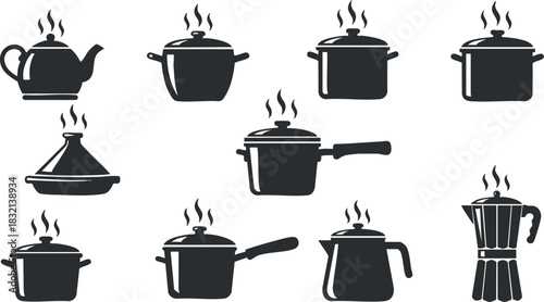A collection of cooking pots, teapots, and kettles with steam in black and white vector style, ideal for culinary designs