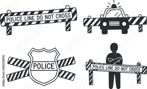 A collection of police line do not cross illustrations featuring barriers, a police car, and an officer in black and white vector style, suitable for law enforcement graphics