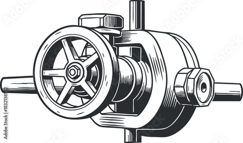 A detailed illustration of a mechanical valve with a handwheel in black and white vector style, suitable for engineering and industrial design