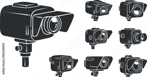 A collection of various camera icons in black and white outline vector style, suitable for photography and media design projects