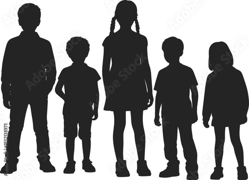 WebGroup of Diverse Children Silhouettes Standing Together, Representing Childhood, Growth, and Community, Ideal for Educational and Family-Oriented Projects, Vector Illustration.