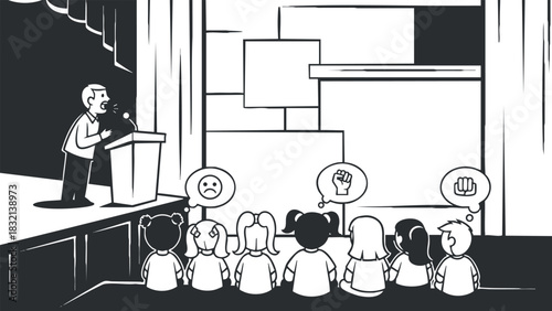 A speaker at a podium addressing an audience with various emotional expressions in black and white vector style, ideal for educational and motivational projects