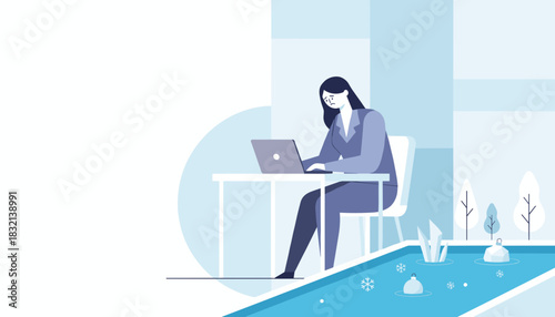 Stressed businesswoman works on laptop in a cold lonely winter setting illustrating corporate burnout